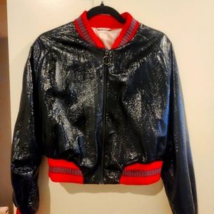 Faux patent bomber jacket